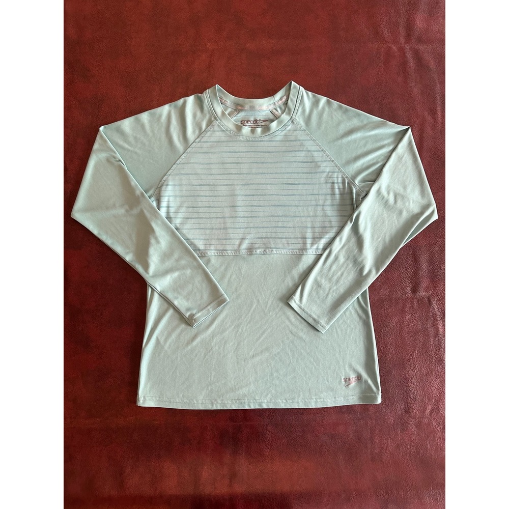 Speedo Mens Long Sleeve Rash Guard Aqua Blue Striped Swim Shirt Size Medium